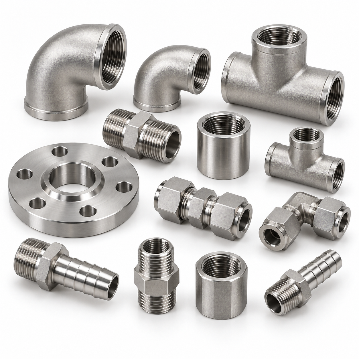 Stainless steel fittings including elbows, tees, threaded couplings, compression fittings, hose barbs and a flange