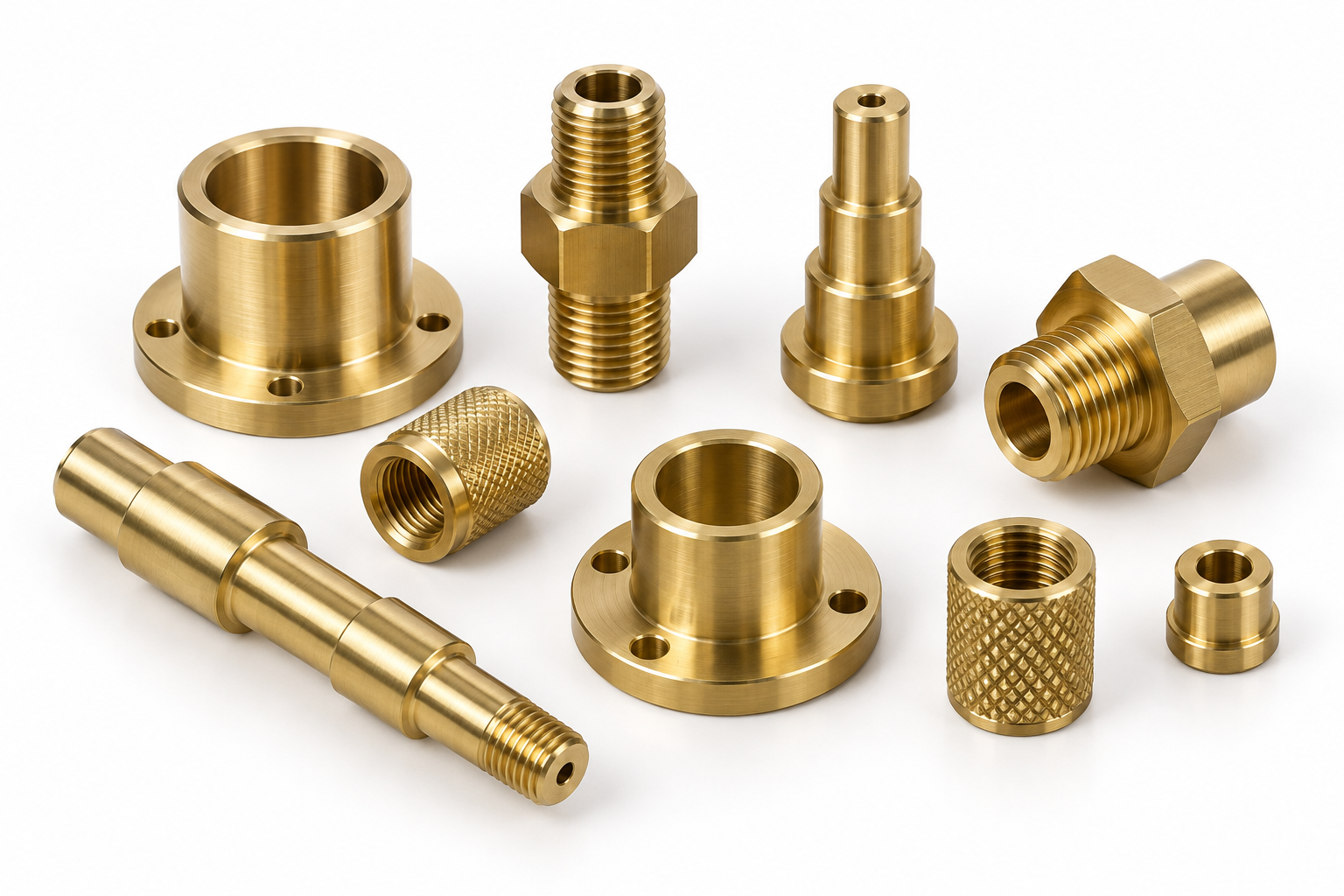 Brass turned parts including stepped shafts, flanged bushings, threaded adapters and knurled inserts