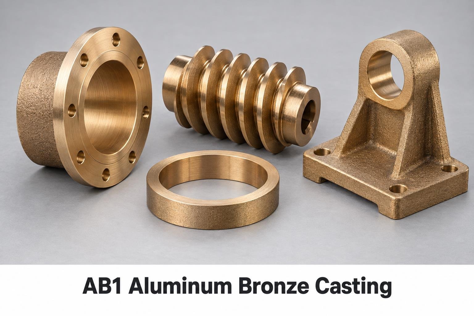 Representative AB1 Aluminum Bronze Casting components on a white background