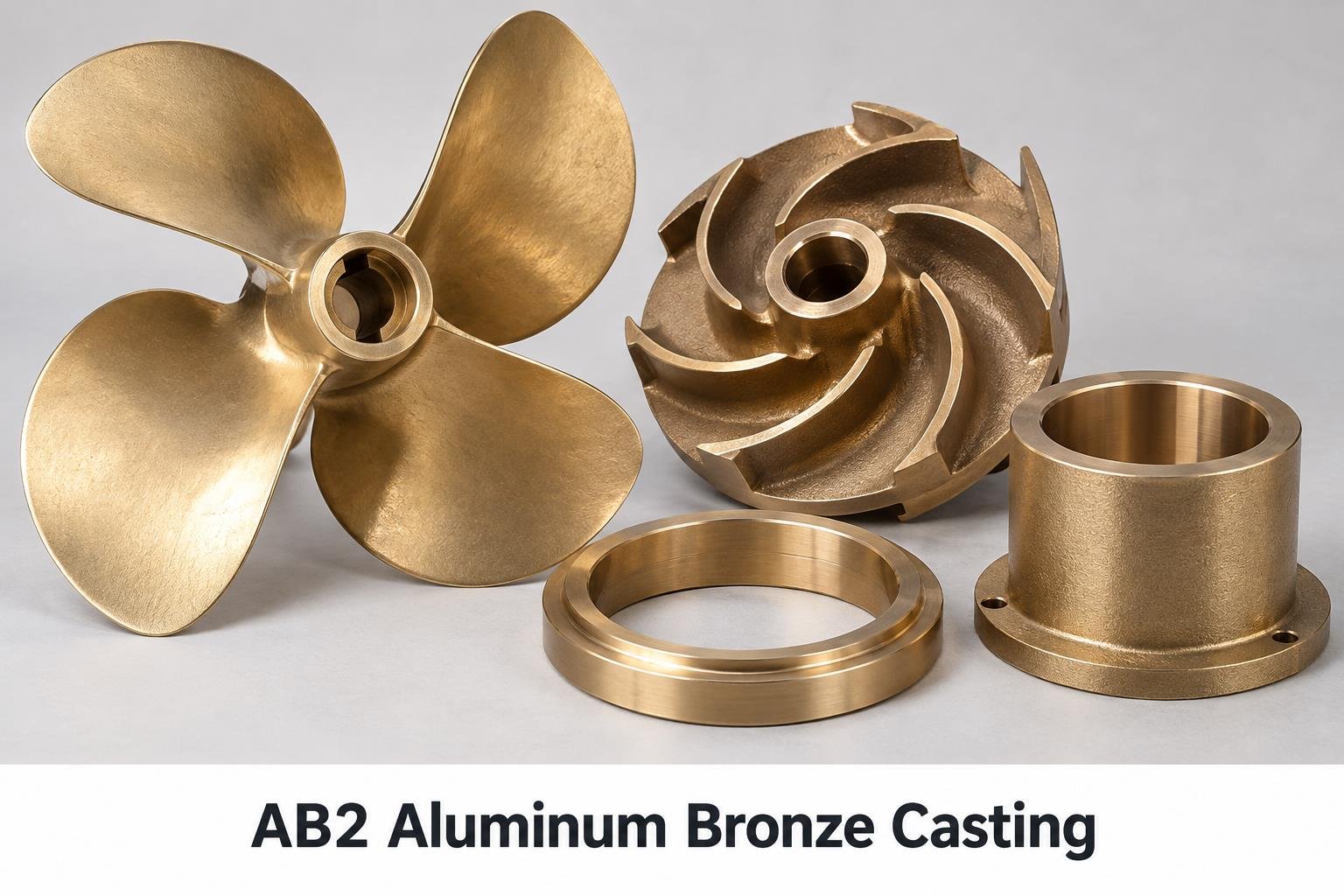 Representative AB2 Aluminum Bronze Casting components on a white background