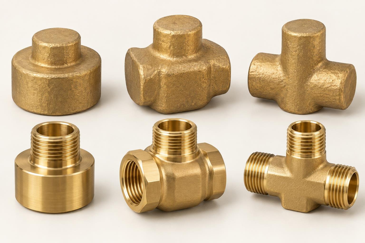C37700 brass forged blanks alongside finish-machined fitting bodies