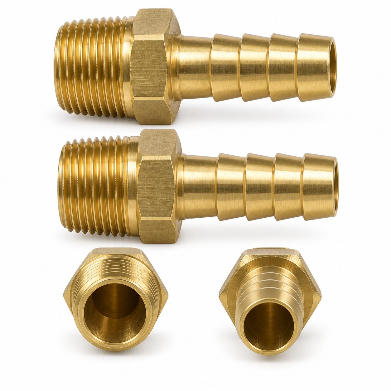 Brass NPTF Hose Barbs hose stem and threaded connection variants