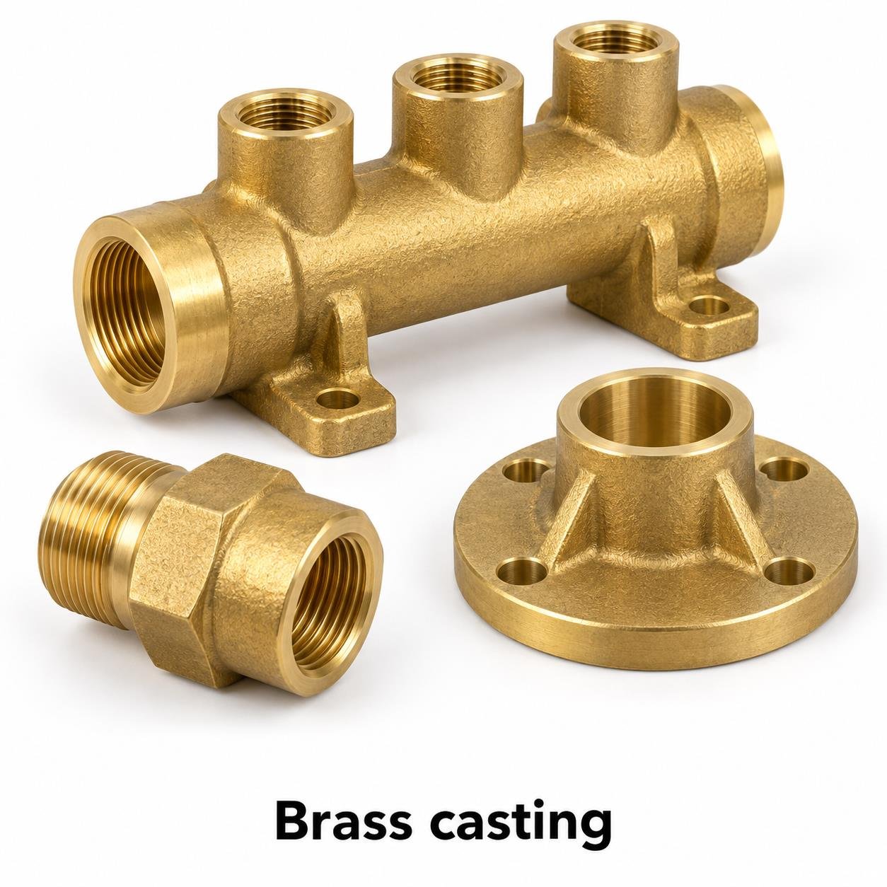 Representative Brass casting components on a white background