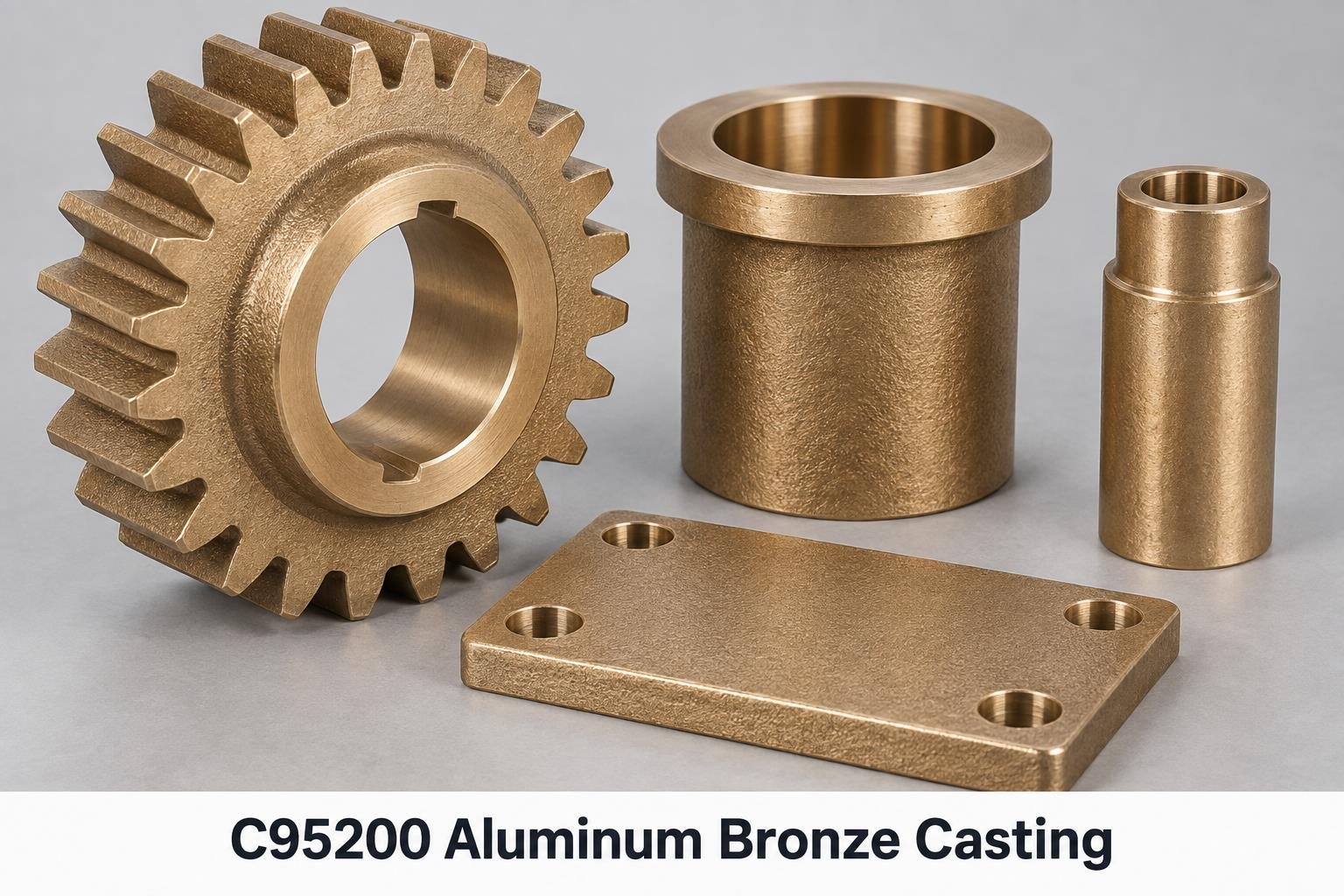 Representative C95200 Aluminum Bronze Casting components on a white background