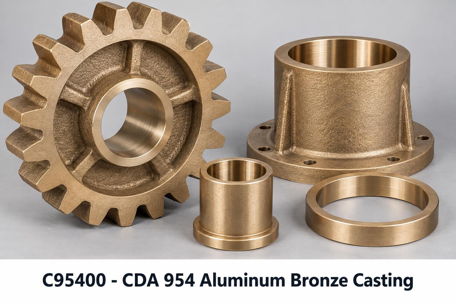 Representative C95400 - CDA 954 Aluminum Bronze Casting components on a white background