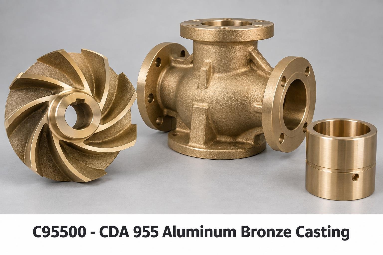 Representative C95500 - CDA 955 Aluminum Bronze Casting components on a white background