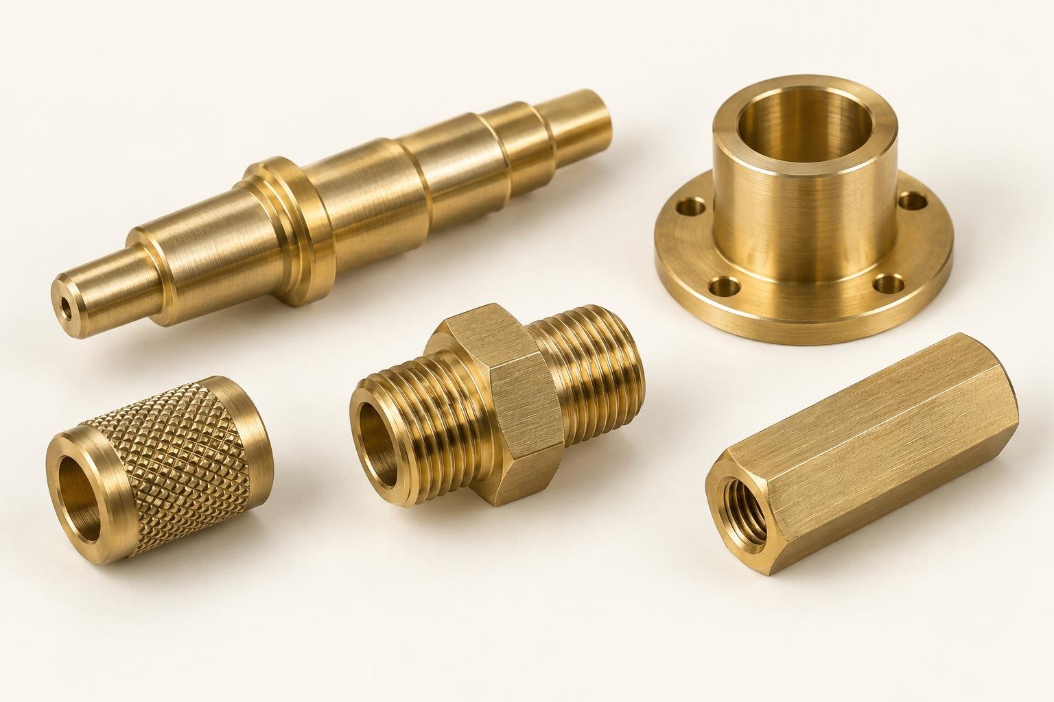 CZ121 brass stepped shaft, flanged bushing, threaded adapter, knurled insert and hex spacer