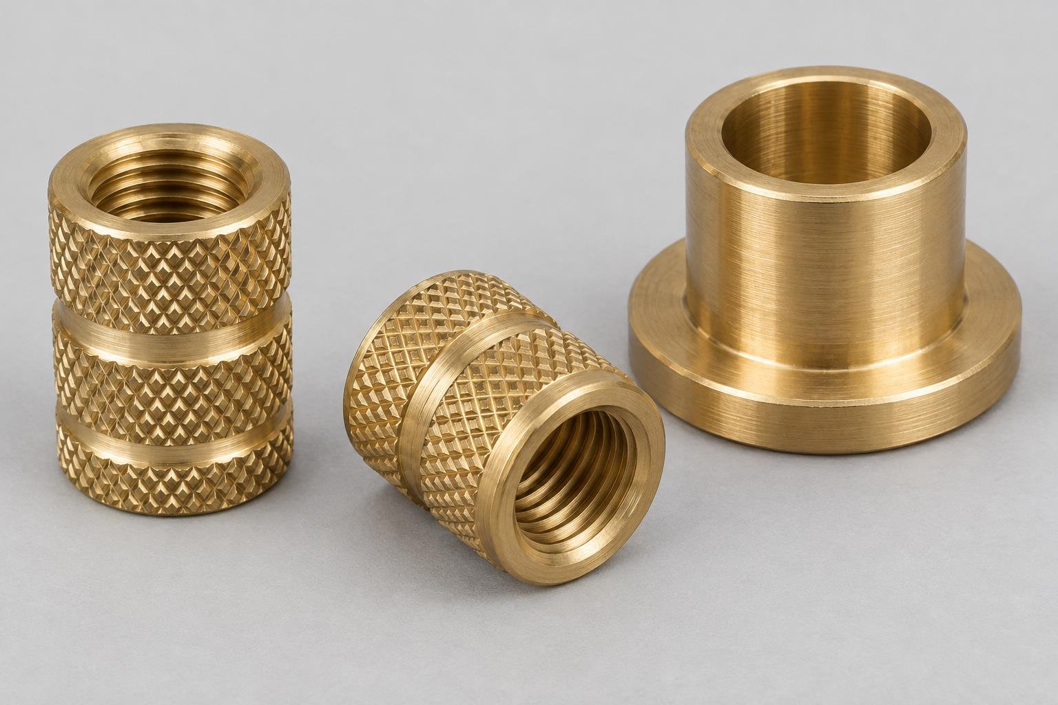 CZ121 knurled brass threaded inserts and machined flanged spacer