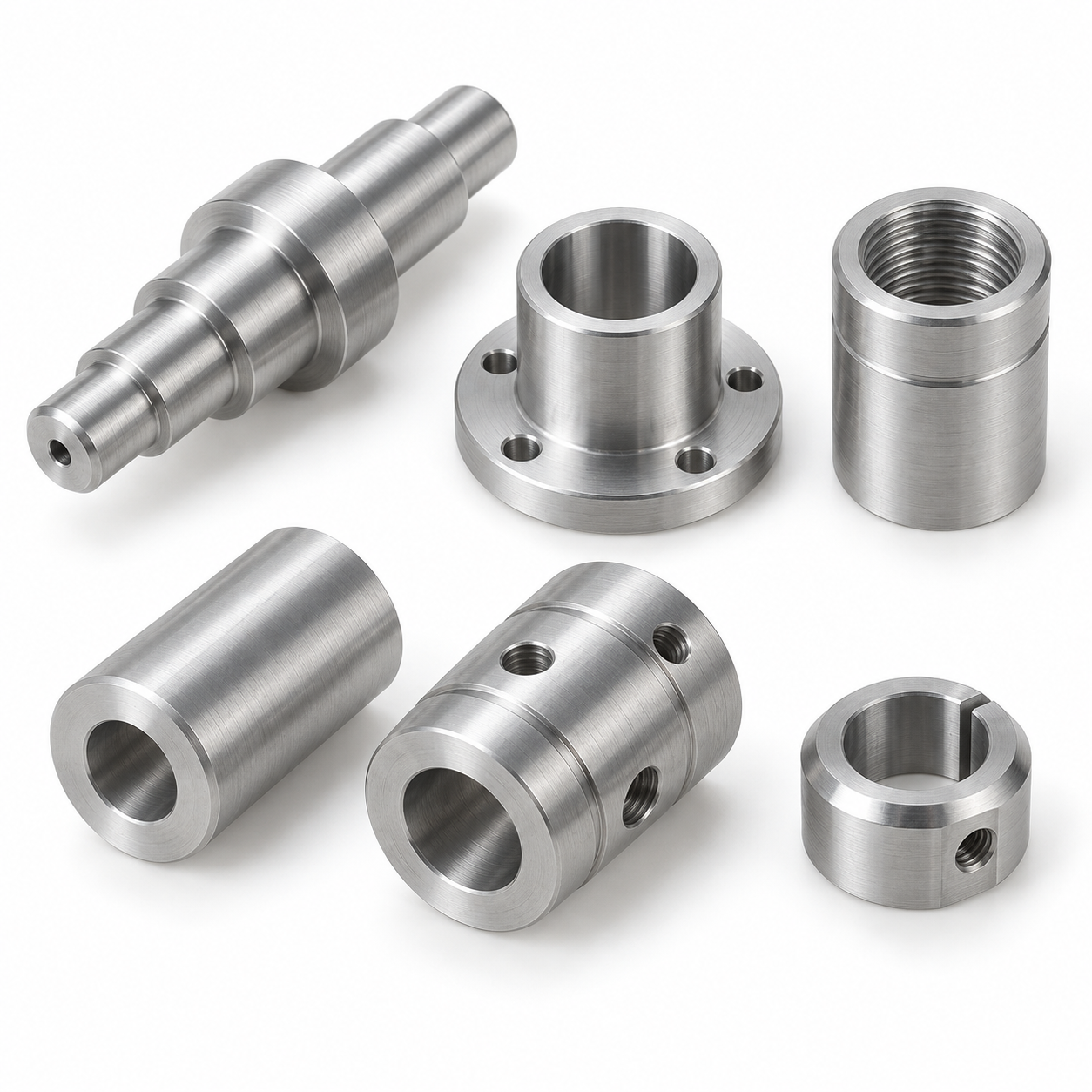 Representative aluminum CNC turning with drawing-specific secondary operations parts including stepped shafts, flanged bushes, threaded sleeves