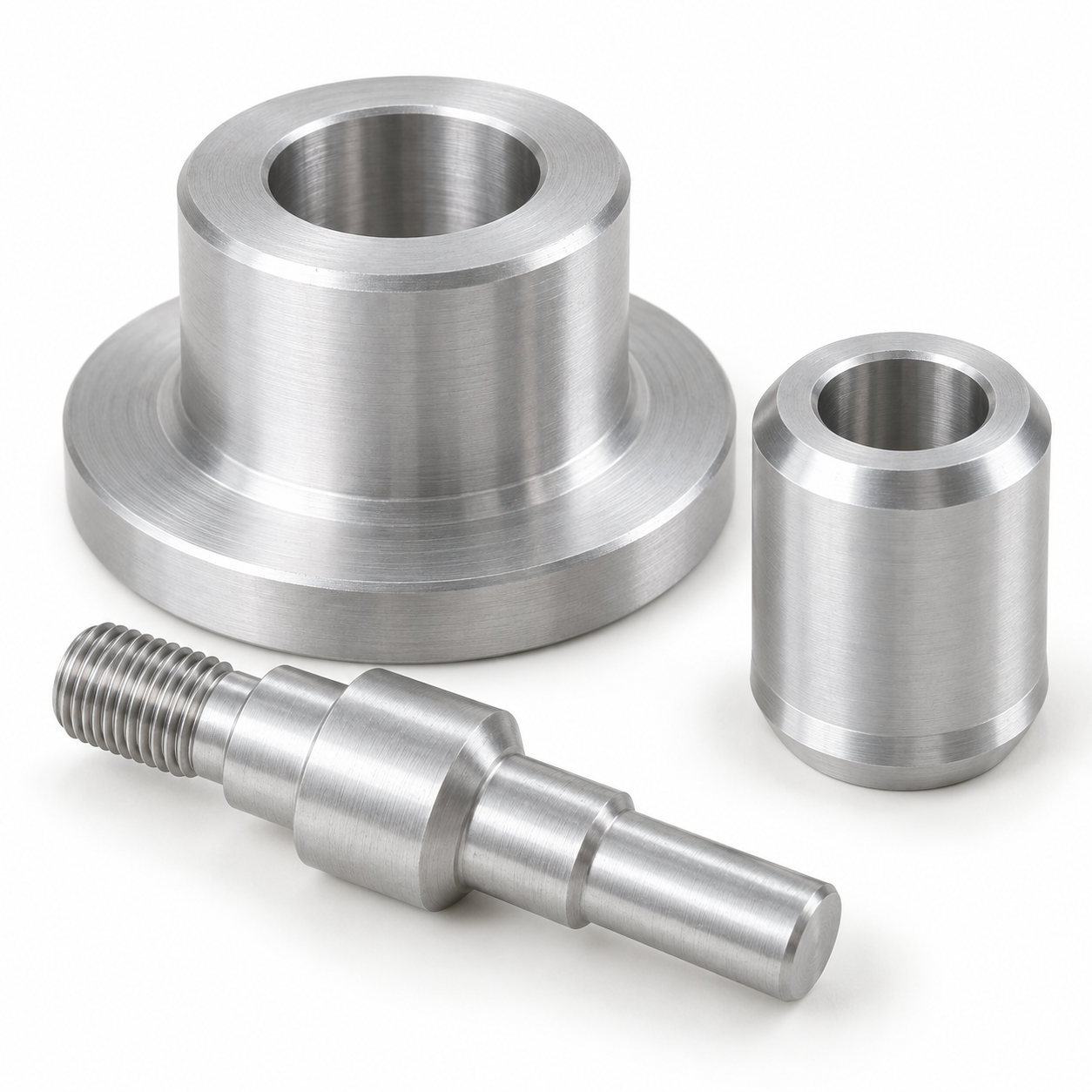 Close-up representative aluminum machined components with bores, threads and finished surfaces