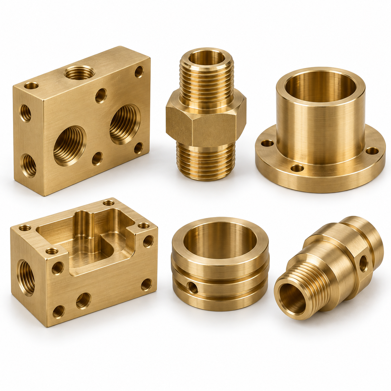 Representative lead-free brass CNC turning, milling, drilling and tapping parts including connector bodies, threaded adapters, milled manifold blocks