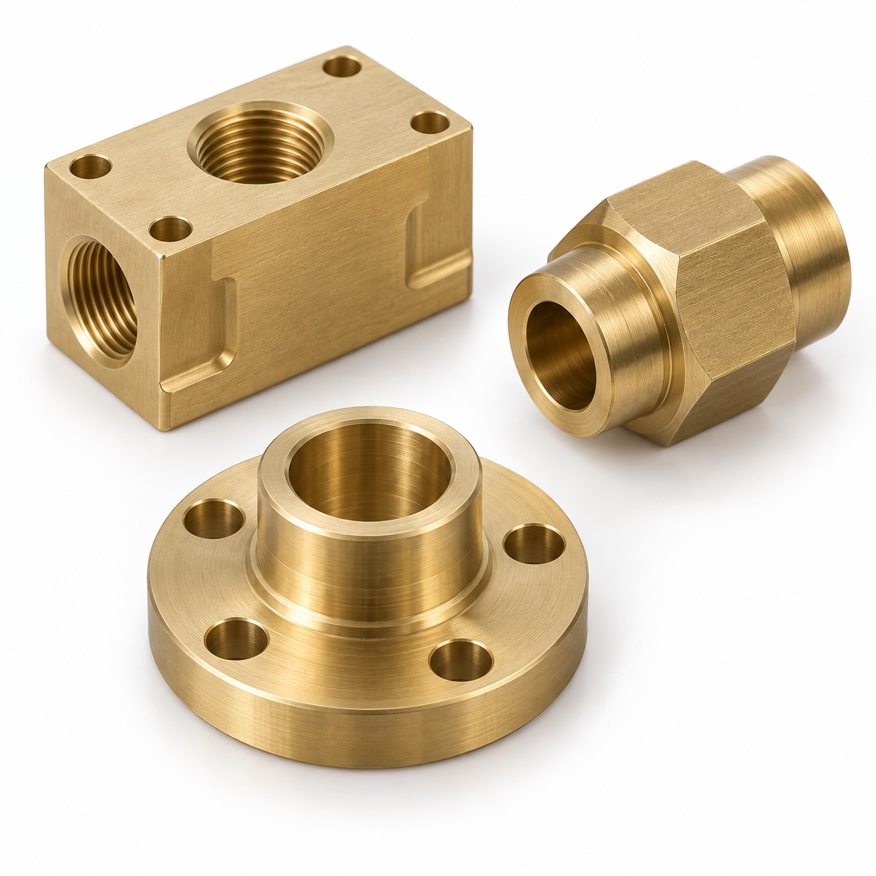 Close-up representative lead-free brass machined components with bores, threads and finished surfaces