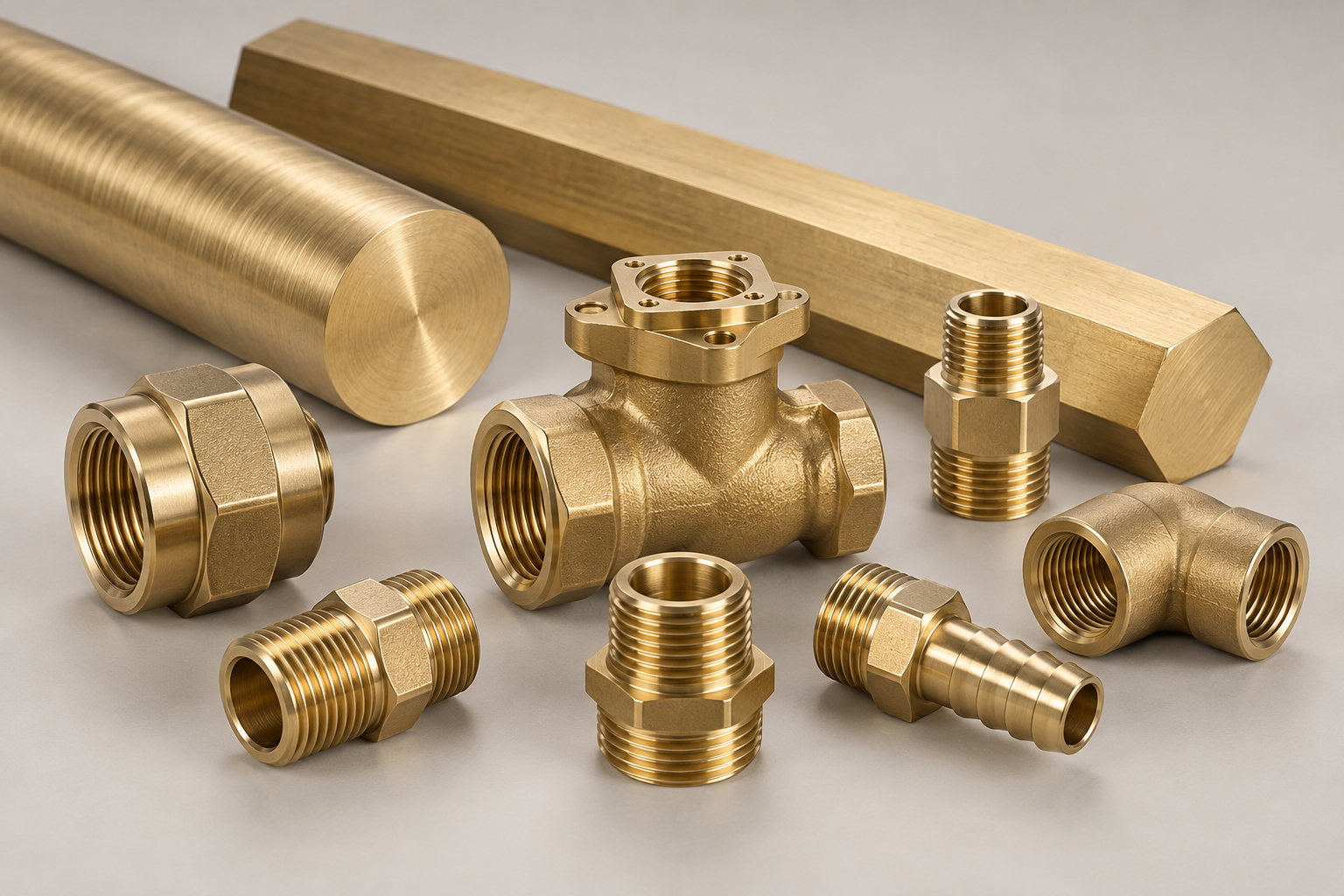 Illustration of C27450 low-lead brass bars, threaded plumbing adaptors, couplings and valve body