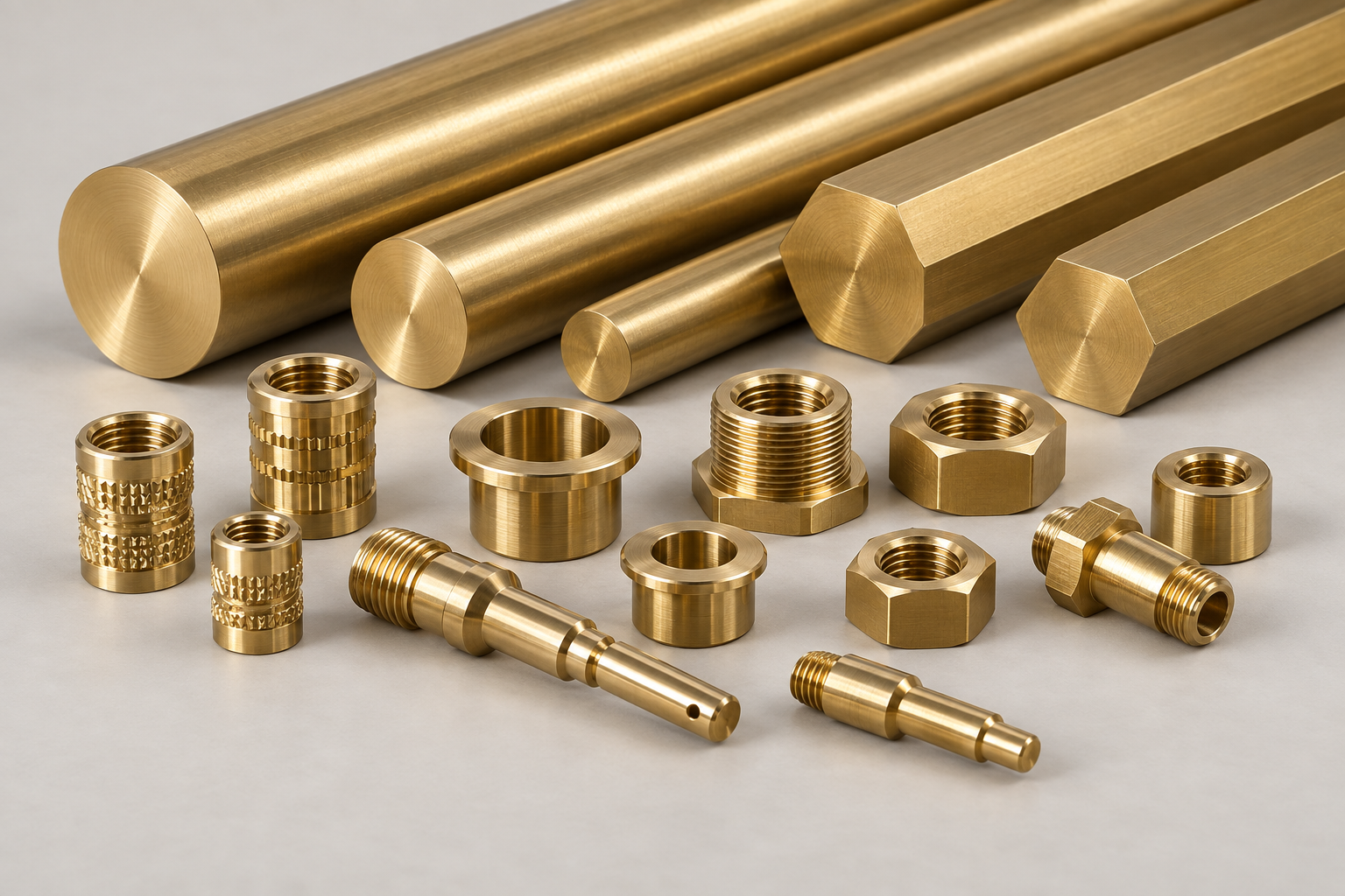 Illustration of C36000 CDA 360 brass round and hex bars, threaded inserts, nuts and turned bushings