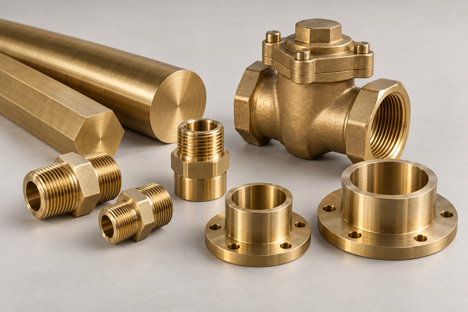 Illustration of C69300 ECO Brass CW724R bars, threaded adaptors, valve body and flanged bushings