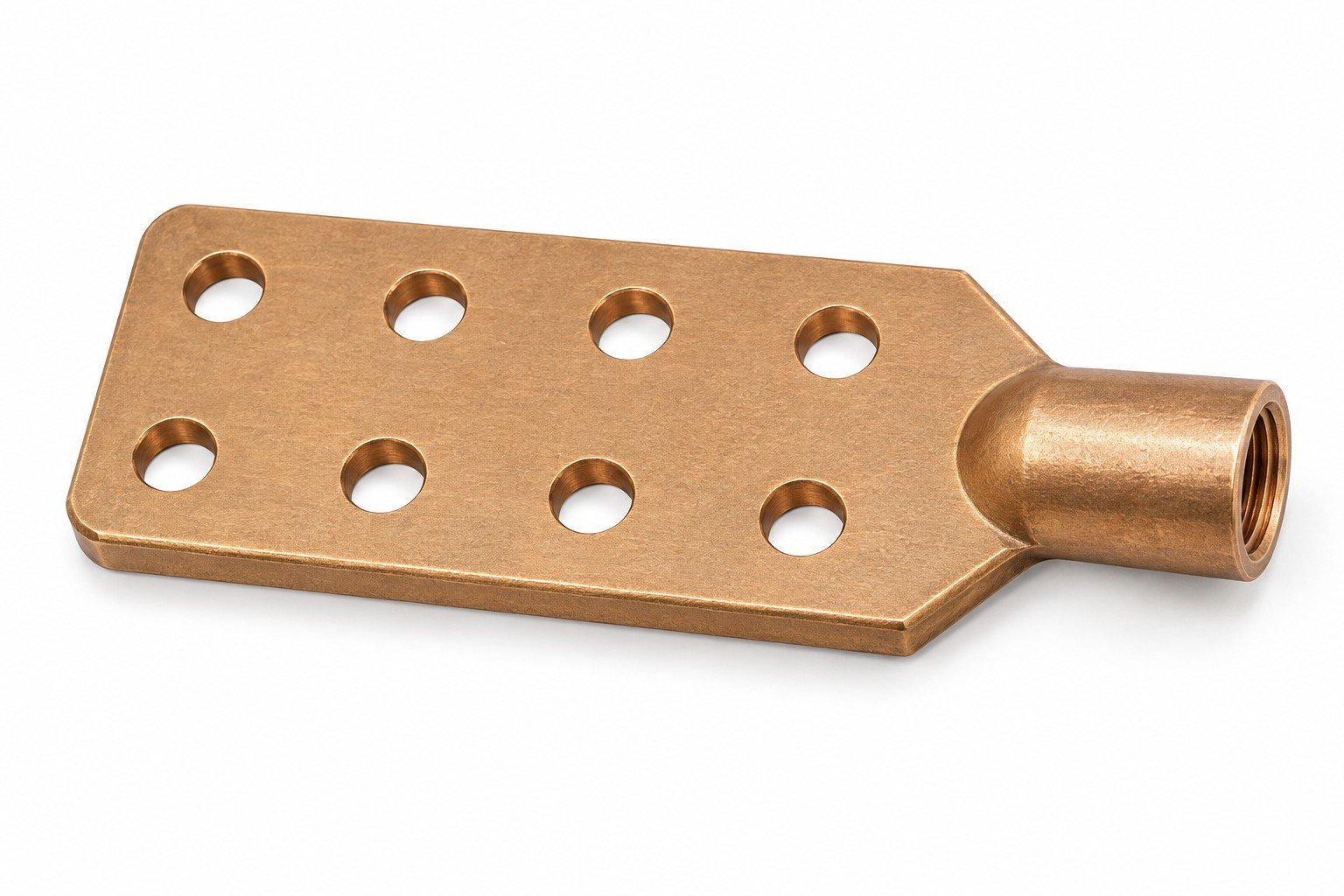 C83300 Bronze Terminal Spades for Transformers — natural finish, NEMA-spaced transformer connector