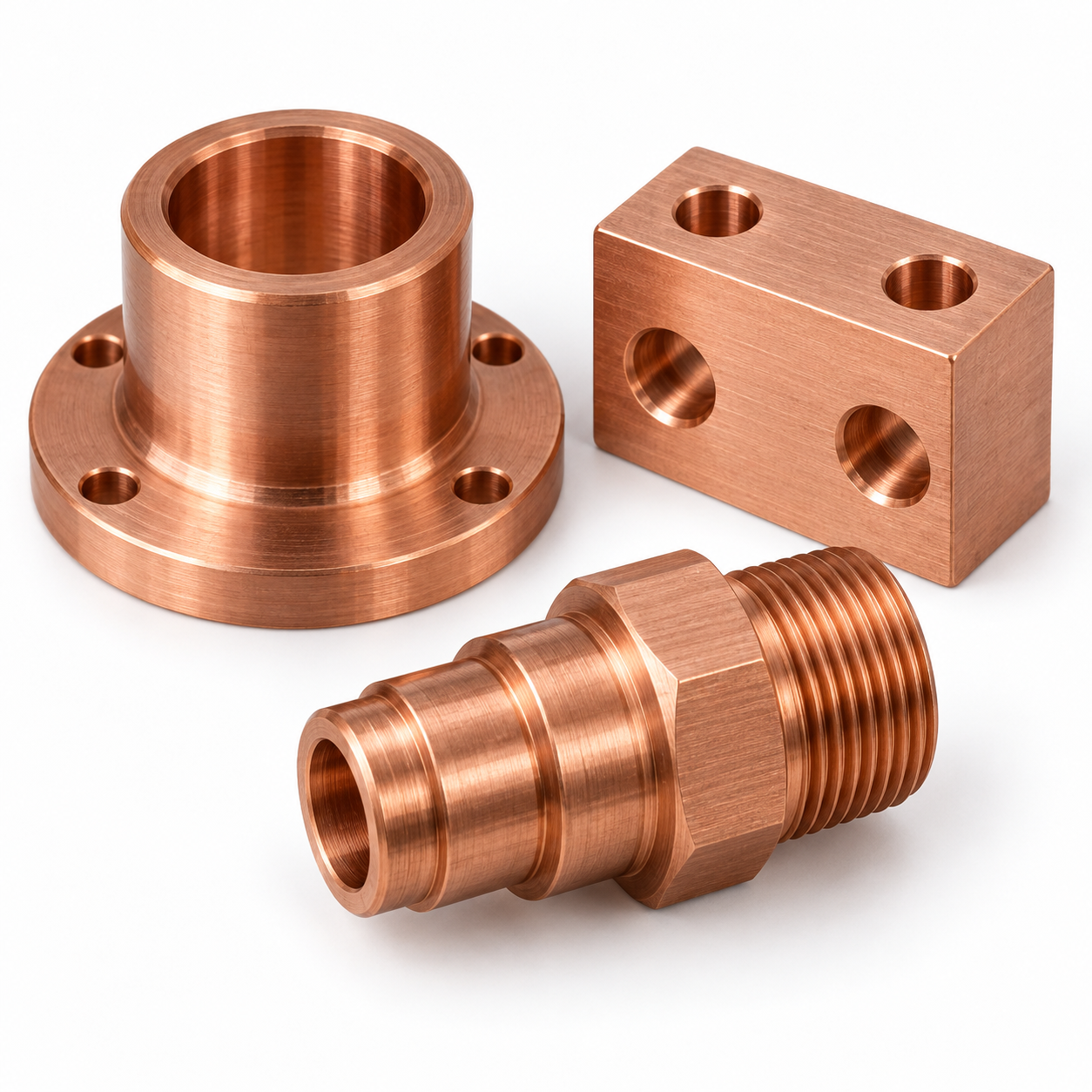 Close-up representative copper machined components with bores, threads and finished surfaces