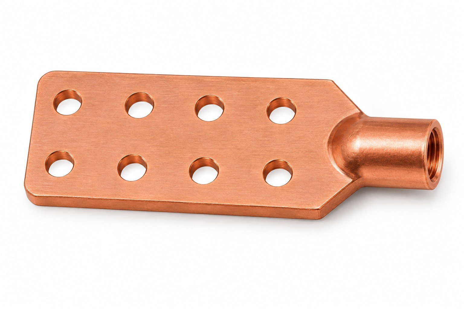 Copper ETP Transformer Spade Connectors — natural finish, NEMA-spaced transformer connector