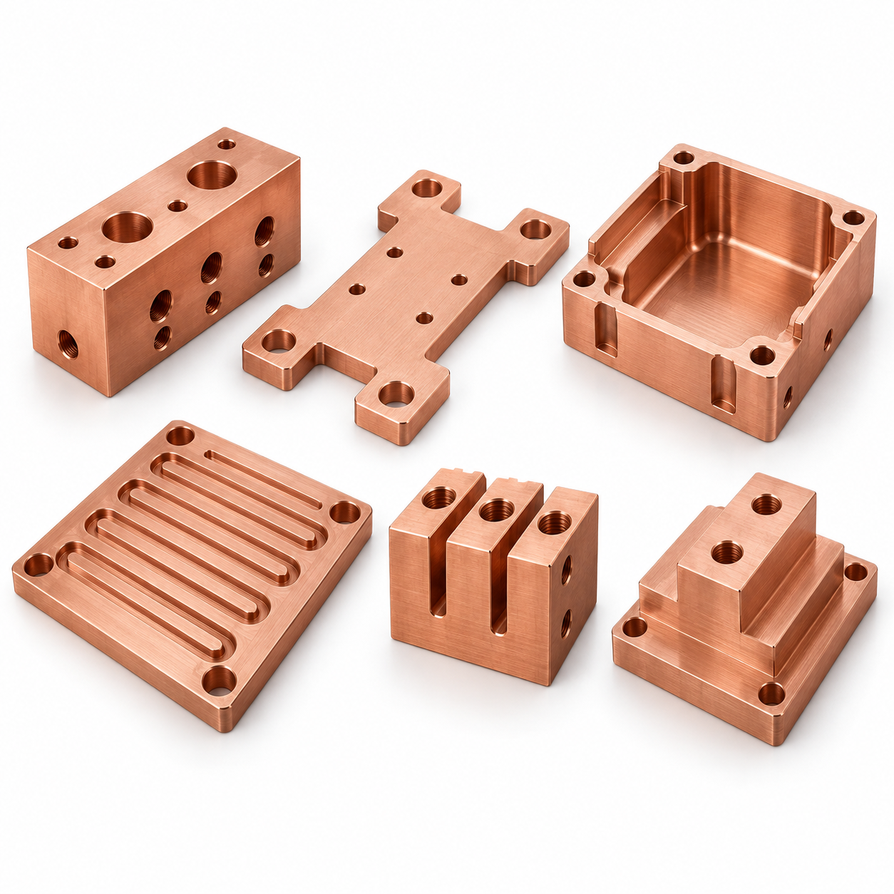 Representative copper VMC milling, drilling, boring and tapping parts including milled contact blocks, busbar junction plates, pocketed copper housings
