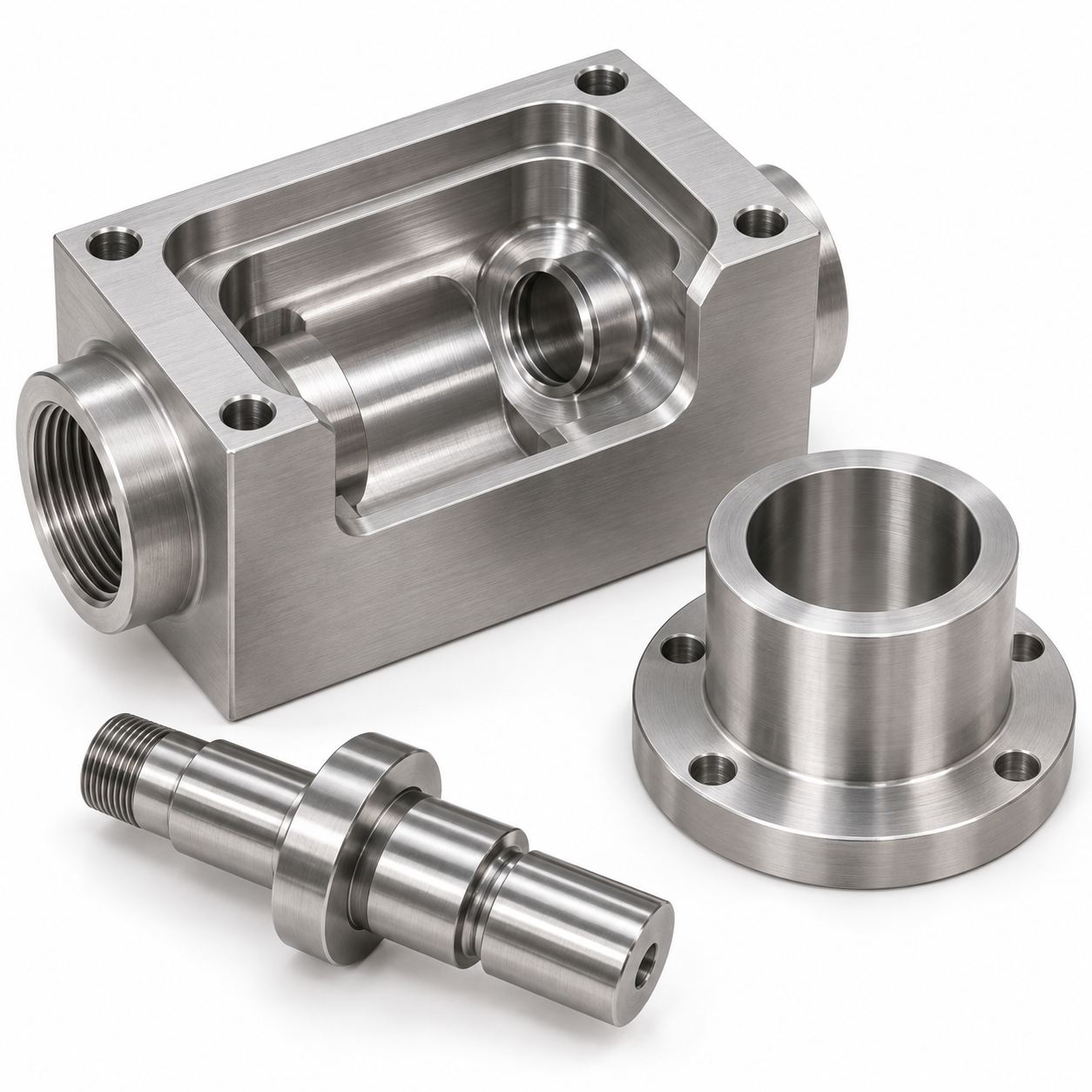 Close-up representative stainless steel 316 machined components with bores, threads and finished surfaces