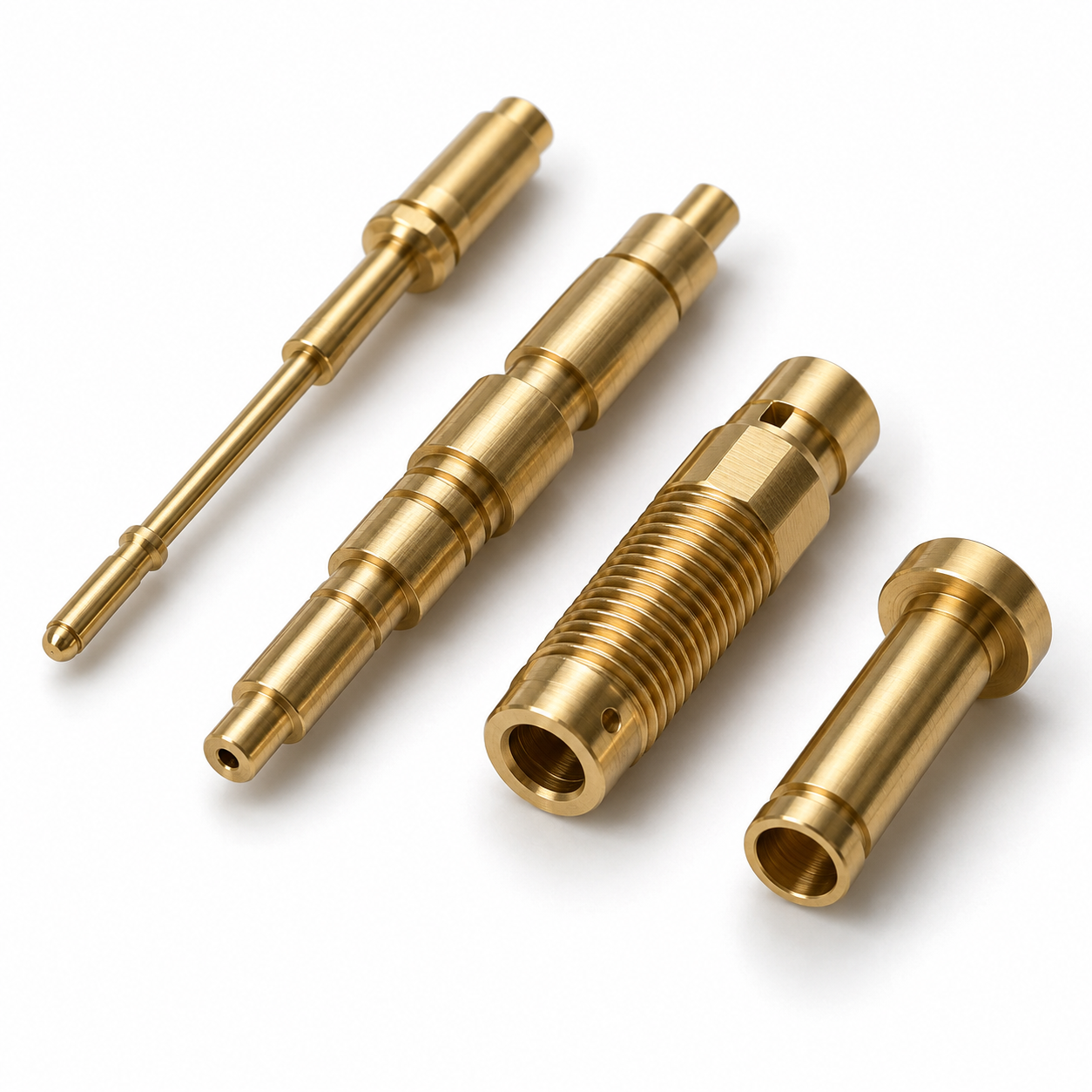 Close-up representative brass machined components with bores, threads and finished surfaces