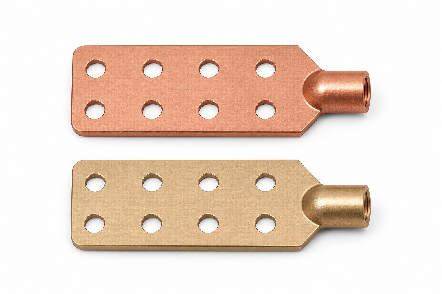 Straight inline natural copper and bronze eight-hole transformer spade terminals