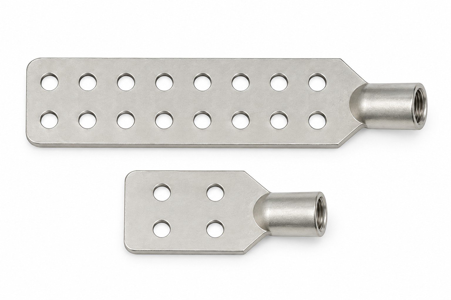 Straight inline tin-plated transformer spade connectors with 16-hole and four-hole palms